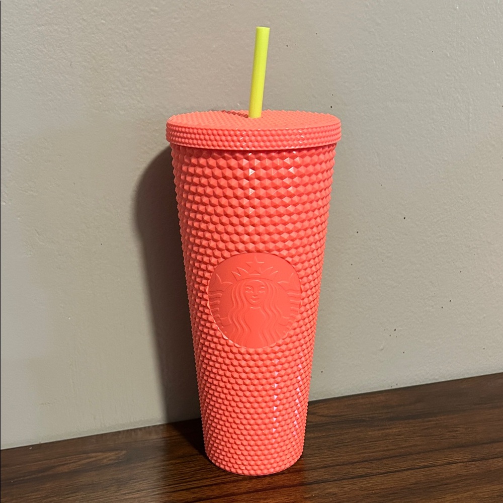 Starbucks 24oz Neon Pink Textured Tumbler with Yellow Straw